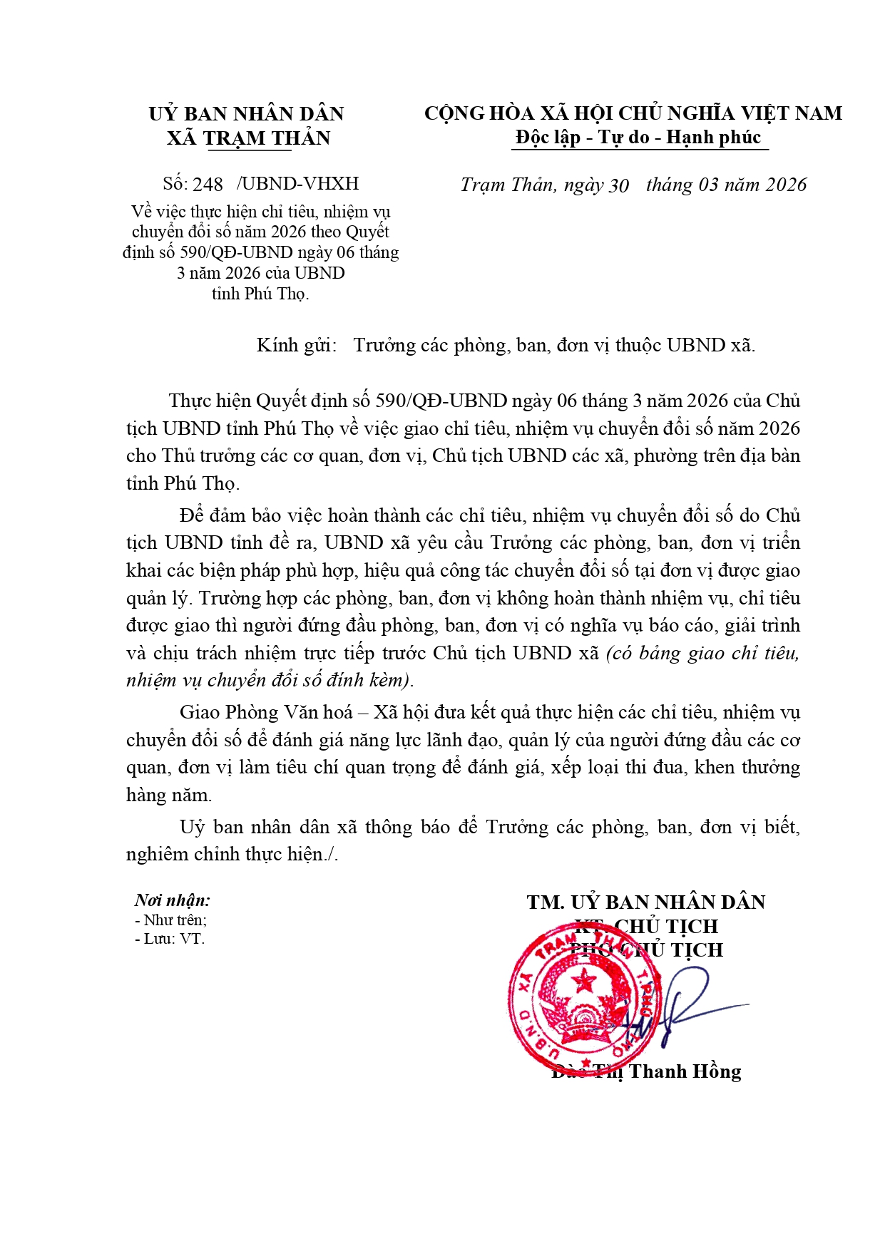 Thực hiện chỉ tiêu, nhiệm vụ chuyển đổi số năm 2026 theo Quyết định số 590/QĐ-UBND ngày 06 tháng 3 năm 2026 của UBND tỉnh Phú Thọ.