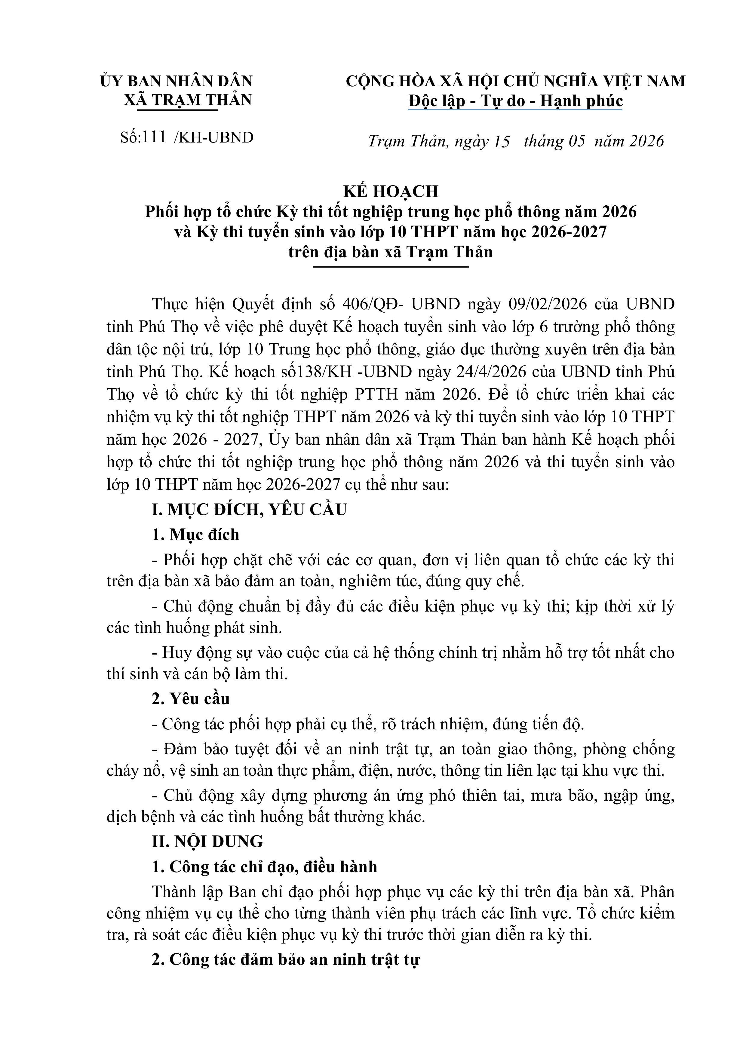 KẾ HOẠCH Phối hợp tổ chức Kỳ thi tốt nghiệp THPT năm 2026 và Kỳ thi tuyển sinh vào lớp 10 THPT năm học 2026 2027 trên địa bàn xã Trạm Thản.
