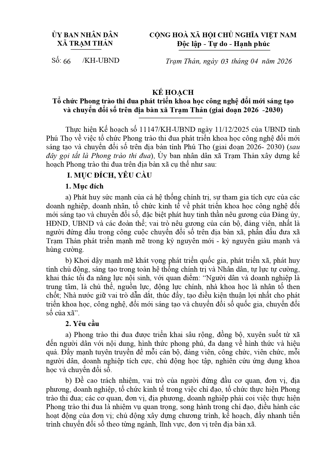 Tổ chức Phong trào thi đua phát triển khoa học công nghệ đổi mới sáng tạo và chuyển đổi số trên địa bàn xã Trạm Thản (giai đoạn 2026 -2030)