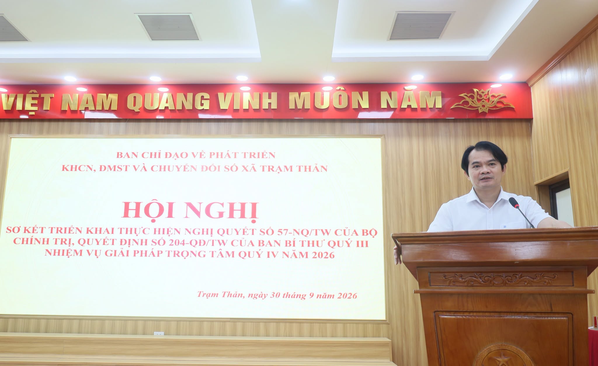 XÃ TRẠM THẢN TỔ CHỨC HỘI NGHỊ SƠ KẾT TRIỂN KHAI THỰC HIỆN NGHỊ QUYẾT SỐ 57-NQ/TW CỦA BỘ CHÍNH TRỊ, QUYẾT ĐỊNH SỐ 204-QĐ/TW CỦA BAN BÍ THƯ 9 THÁNG ĐẦU NĂM, NHIỆM VỤ, GIẢI PHÁP TRỌNG TÂM 3 THÁNG CUỐI NĂM 2026.