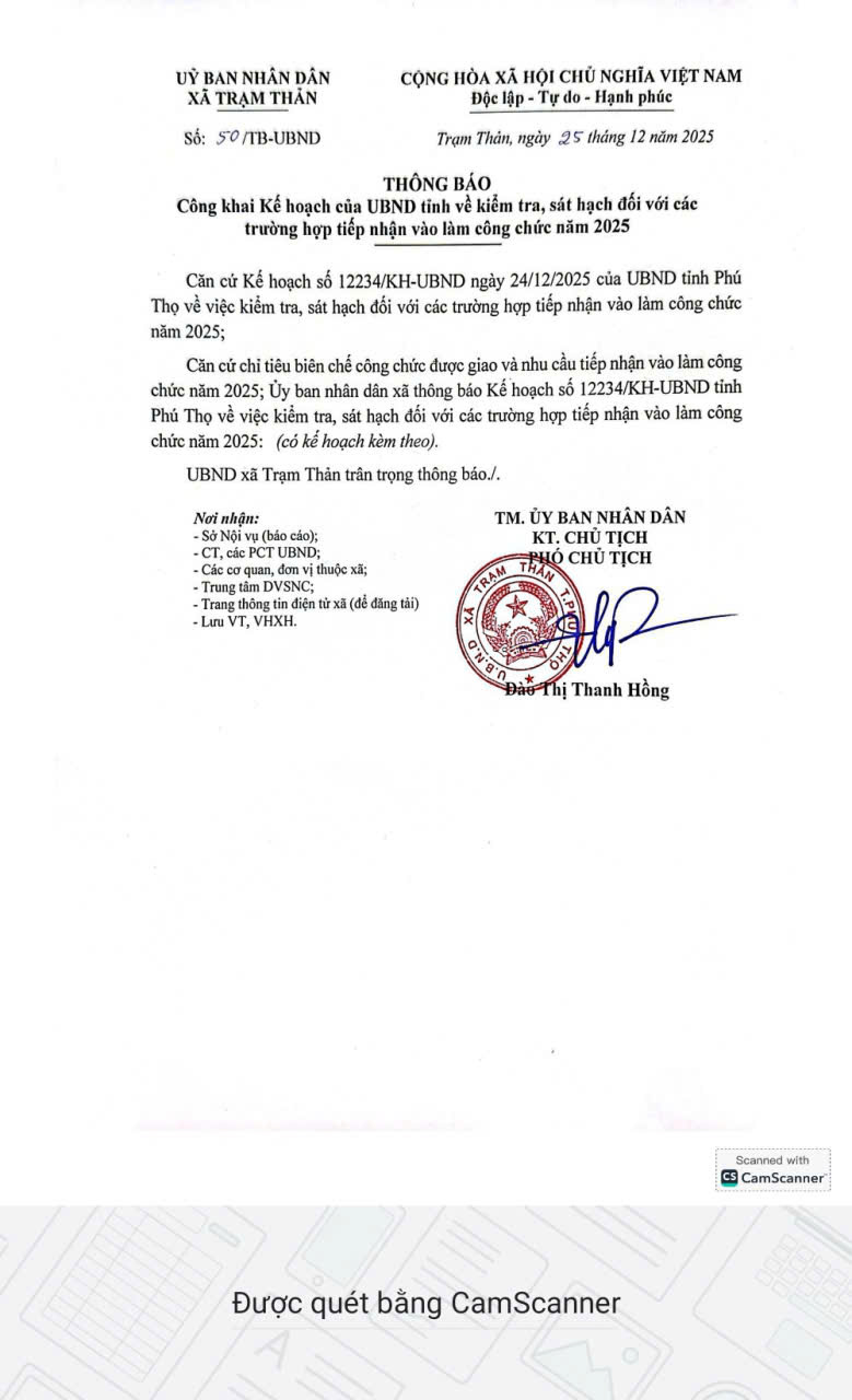 Thông báo của UBND xã Trạm Thản về Kế hoạch của UBND tỉnh Phú Thọ về kiểm tra, sát hạch các trường hợp tiếp nhận vào làm công chức năm 2025