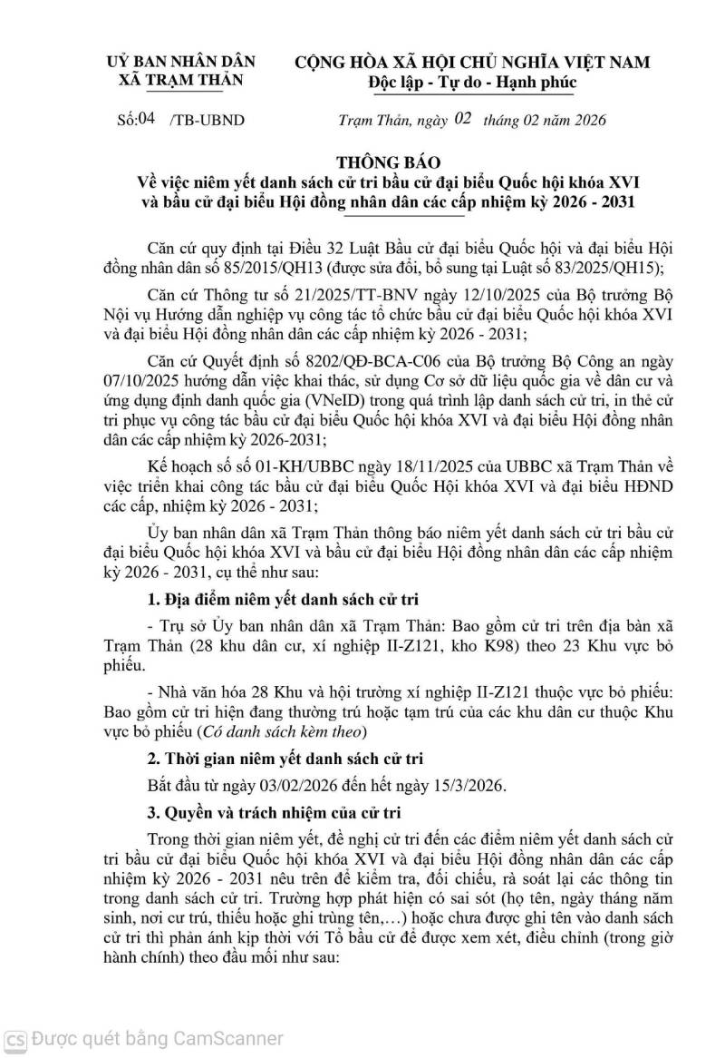 Thông báo của UBND xã Trạm Thản về việc niêm yết danh sách cử tri bầu cử các đại biểu Quốc hội khoá XVI và bầu cử đại biểu Hội đồng nhân dân các cấp nhiệm kỳ 2026-2031!