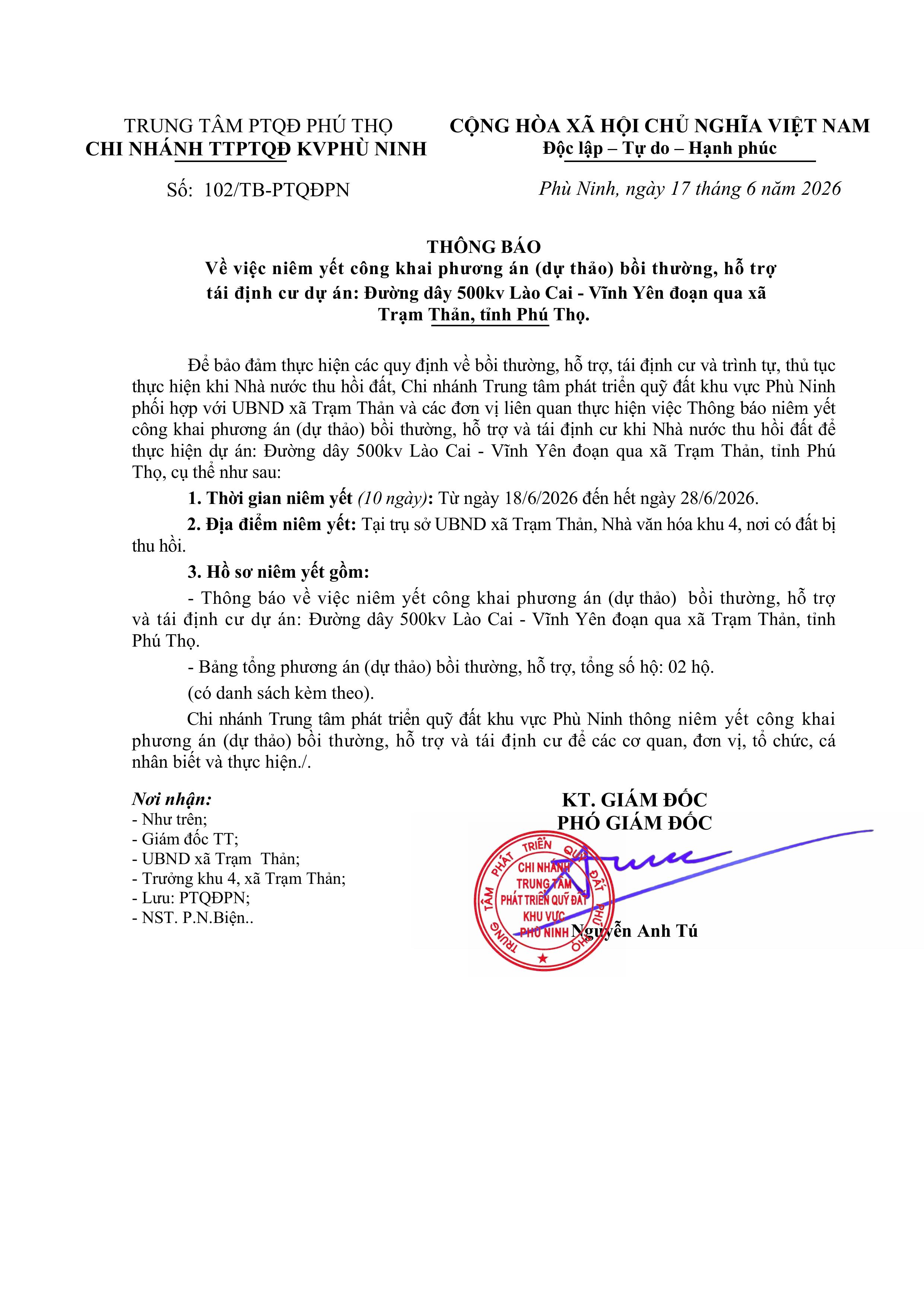 THÔNG BÁO Về việc niêm yết công khai phương án (dự thảo) bồi thường, hỗ trợ  tái định cư dự án: Đường dây 500kv Lào Cai - Vĩnh Yên đoạn qua xã                                  Trạm Thản, tỉnh Phú Thọ.