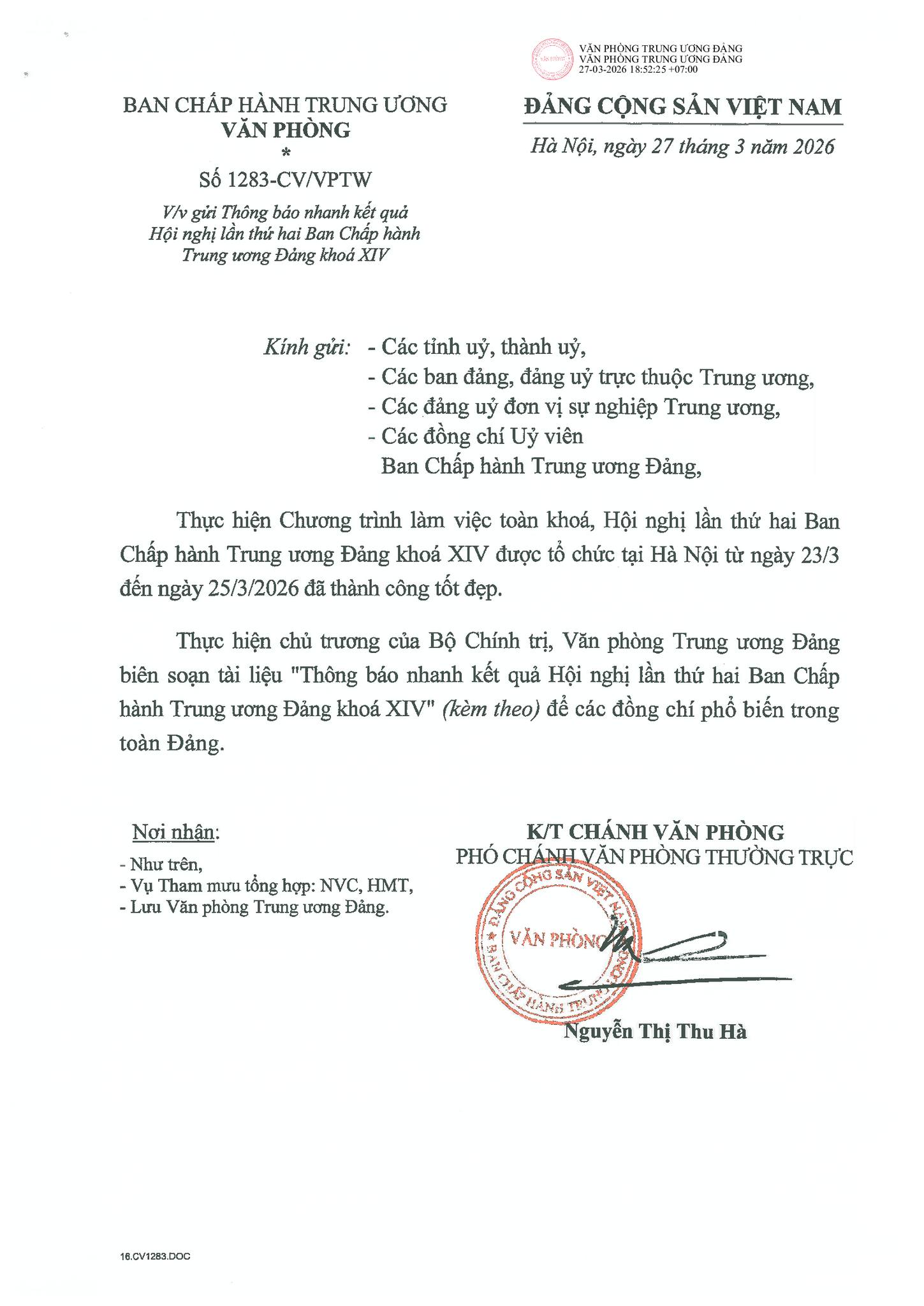 THÔNG BÁO NHANH KẾT QUẢ HỘI NGHỊ LẦN THỨ HAI BAN CHẤP HÀNH TRUNG ƯƠNG ĐẢNG KHÓA XIV