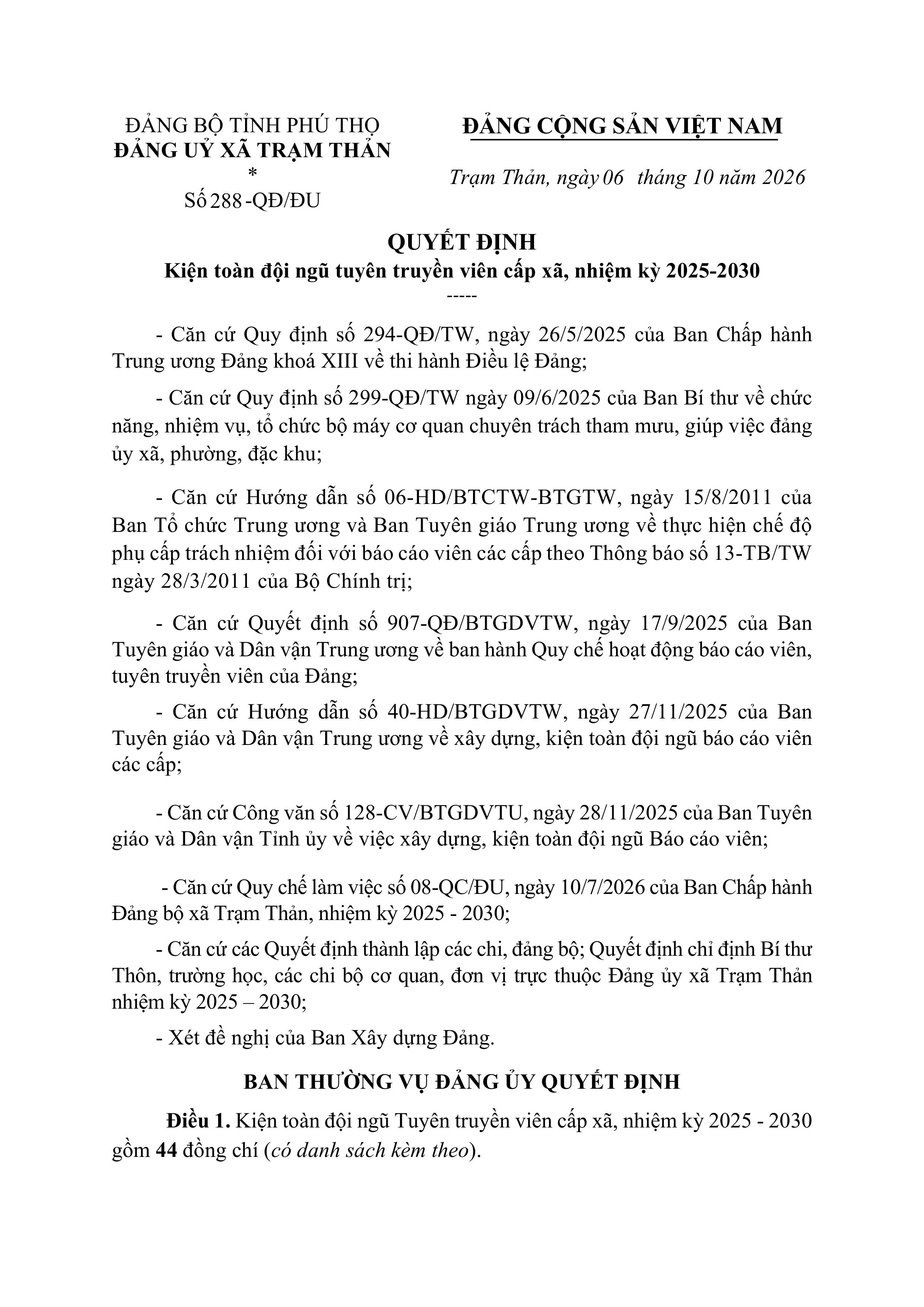 Đảng ủy xã Trạm Thản thông báo Quyết định kiện toàn đội ngũ tuyên truyền viên cấp xã, nhiệm kỳ 2025-2030.
