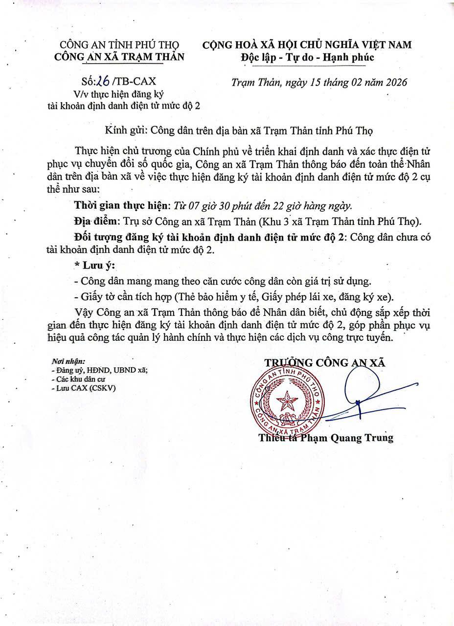 Công an xã Trạm Thản thông báo về việc thực hiện đăng kí tài khoản định danh điện tử mức độ 2