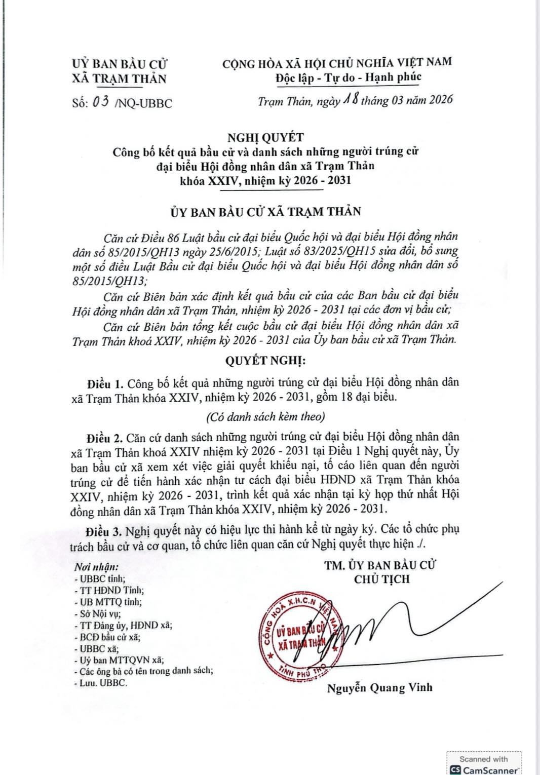 Công bố kết quả bầu cử và danh sách những người trúng cử đại biểu Hội đồng nhân dân xã Trạm Thản khóa XXIV, nhiệm kỳ 2026 - 2031.
