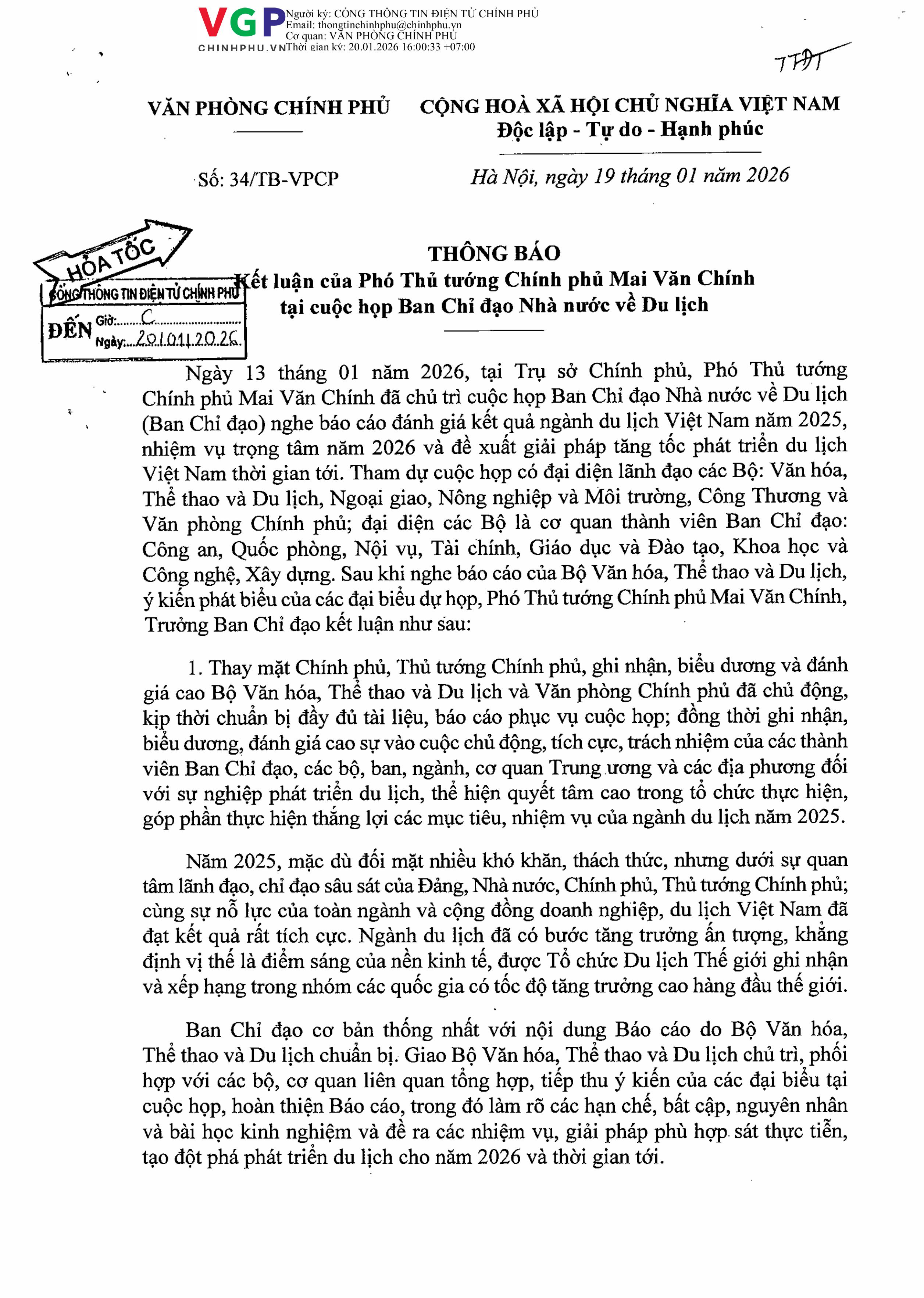 THÔNG BÁO Kết luận của Phó Thủ Tướng Chính Phủ Mai Văn Chính tại cuộc họp Ban Chỉ Đạo Nhà nước về Du lịch