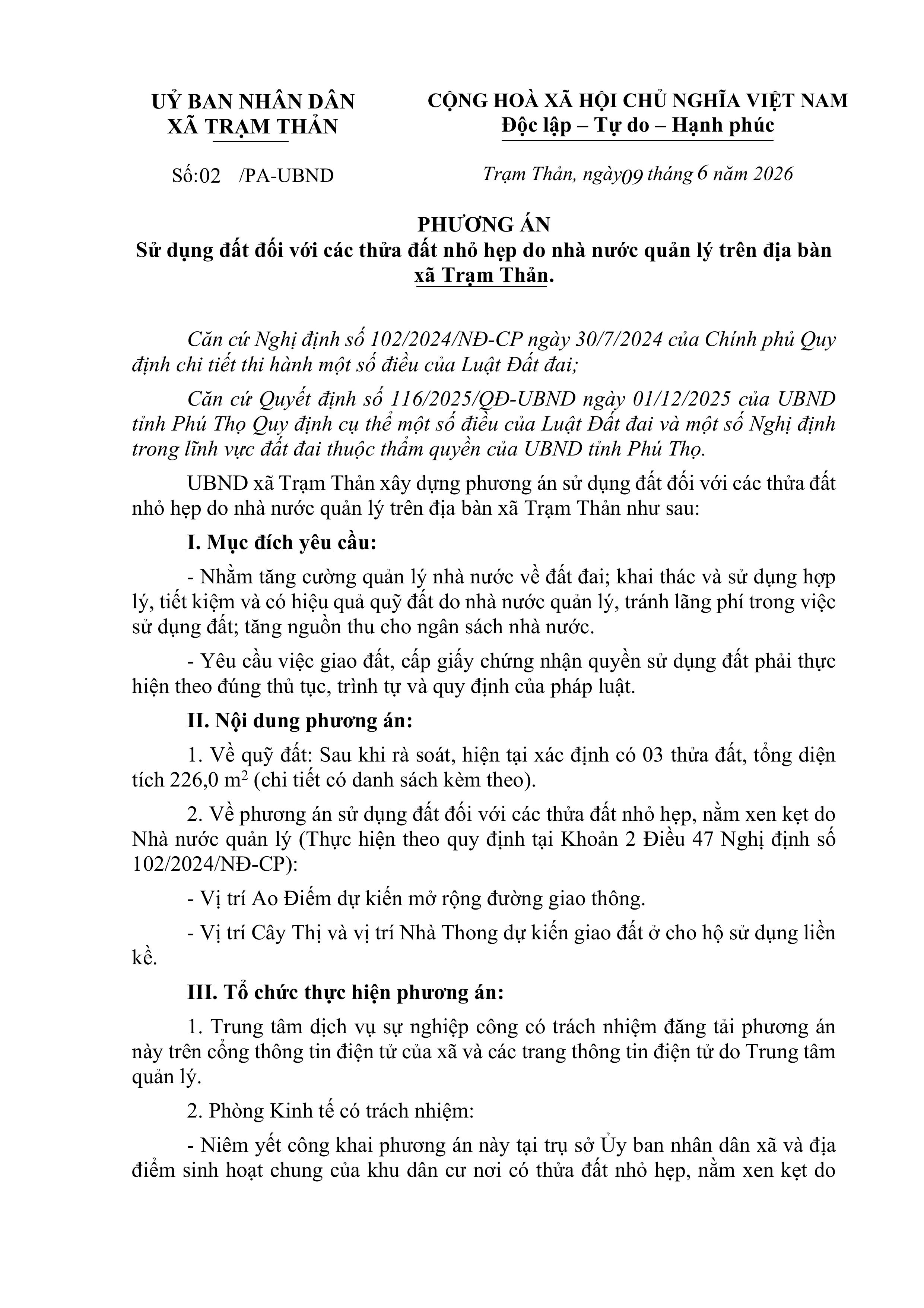 THÔNG BÁO Phương án Sử dụng đất đối với các thửa đất nhỏ hẹp do nhà nước quản lí trên địa bàn xã Trạm Thản