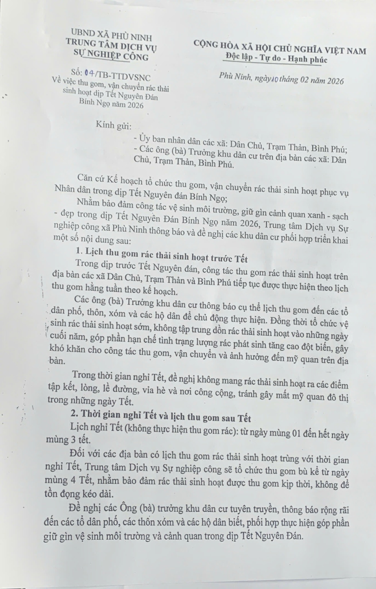 Thông báo lịch thu gom rác thải sinh hoạt dịp Tết Nguyên Đán Bính Ngọ năm 2026